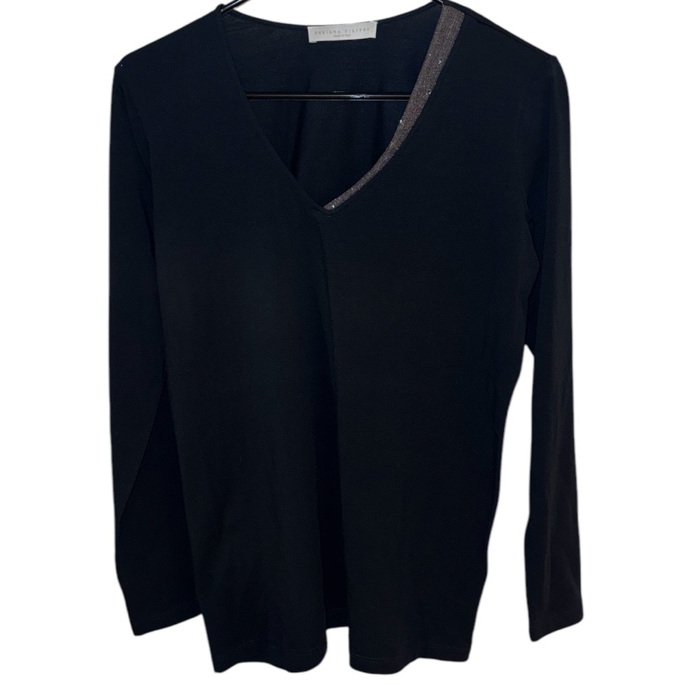 Fabiana Filippi Embellished Organic Cotton V Neck Top in Navy Size S EUC